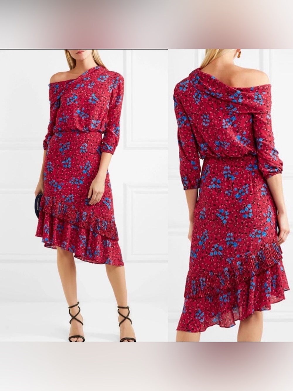 SALONI Lexie Asymmetrical Midi Dress 100% Silk Scarlet Posey 0 Red Floral Ruffle